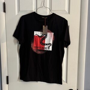 Roberto Cavalli Black Tee with Red Snake Design NWT